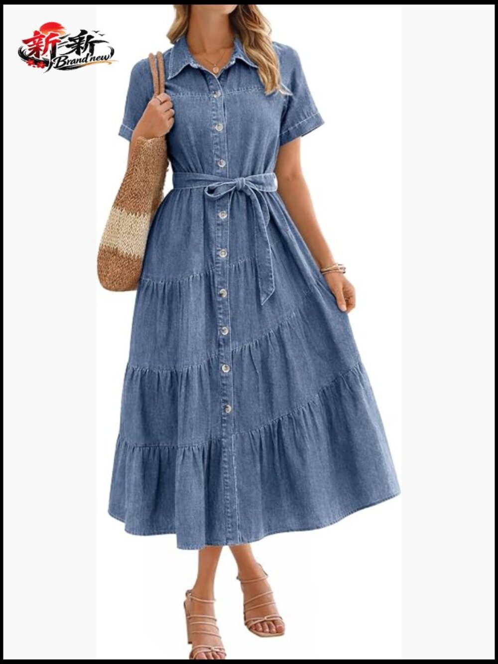 Denim Midi Shirt Dress V-Neck Short Sleeve Belted A-Line Summer